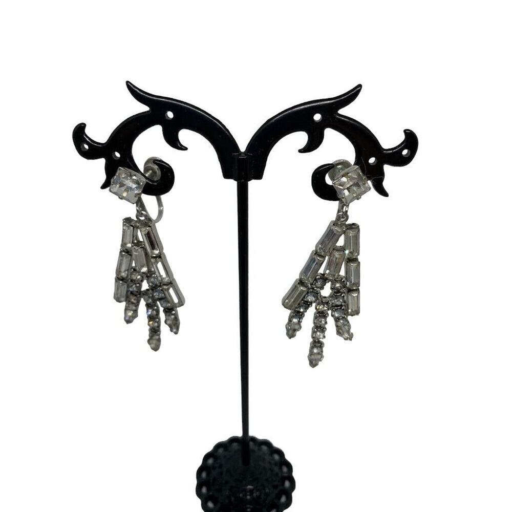 Vintage Rhinestone Earrings Dangle 2" Drop Screwback Non-Pierced - Picture 4 of 8